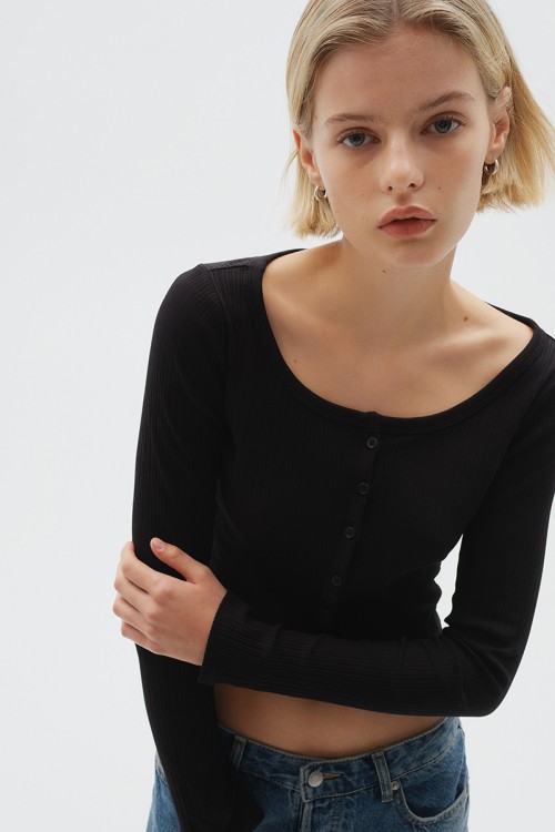 Ribbed Button-Front Top